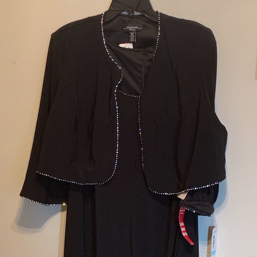 Black evening gown with bolero jacket a. With rhinestone piping.